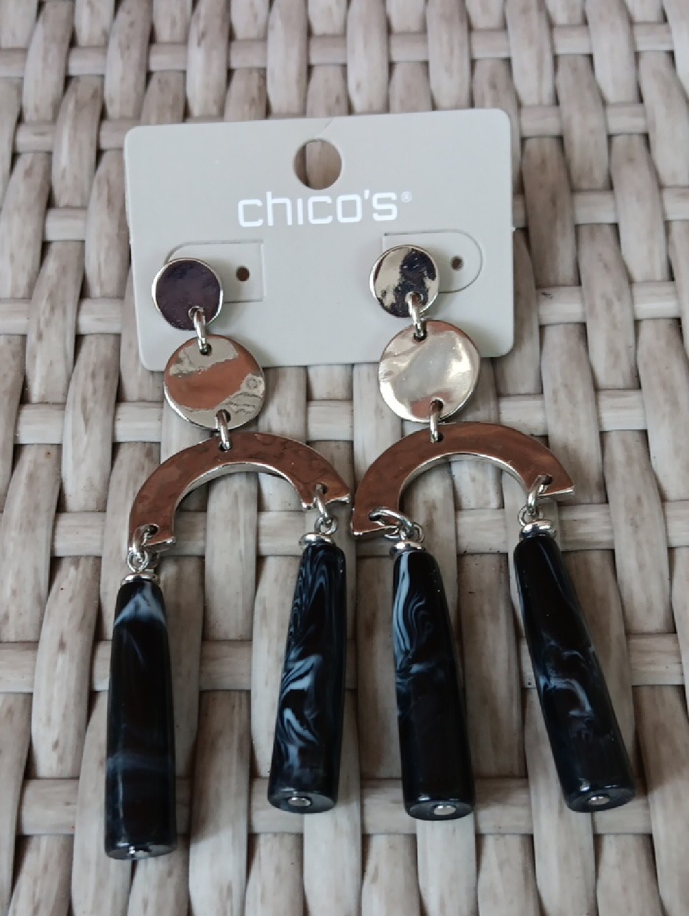 NWT Chico's SilverTone Gepmetric Drop Earrings Black Marbled Dangle Statement
